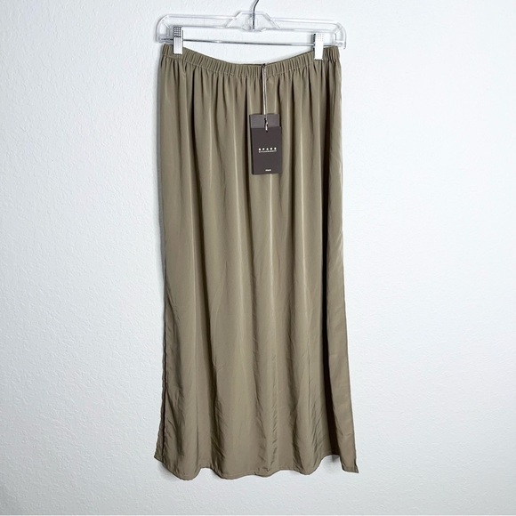 Space Style Concept Skirt Women Medium Satin Midi Tan Brown Side Slits B3 - Picture 1 of 7